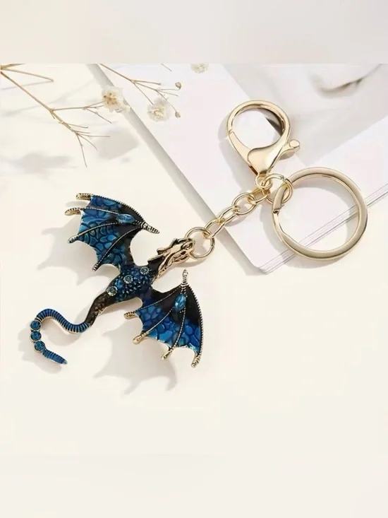 Dragon Bag Charm Keychain with Key Ring for Purse Handbag Blue Rhinestone New
