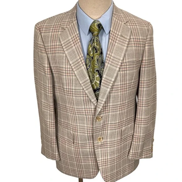 Hart Schaffner Marx Blazer Mens 38 Beige Pink Gray Plaid 80s‎ Preppy Jacket USA