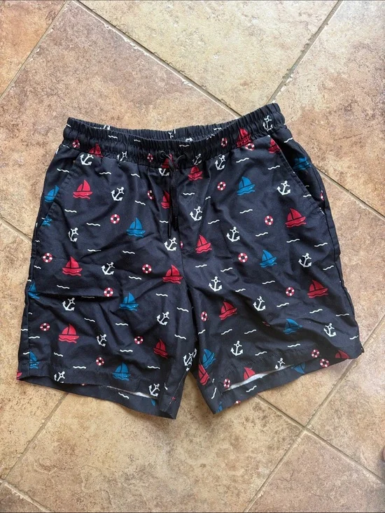 Men's Black Nautical Swim Shorts with Red & Blue Sailboat Print