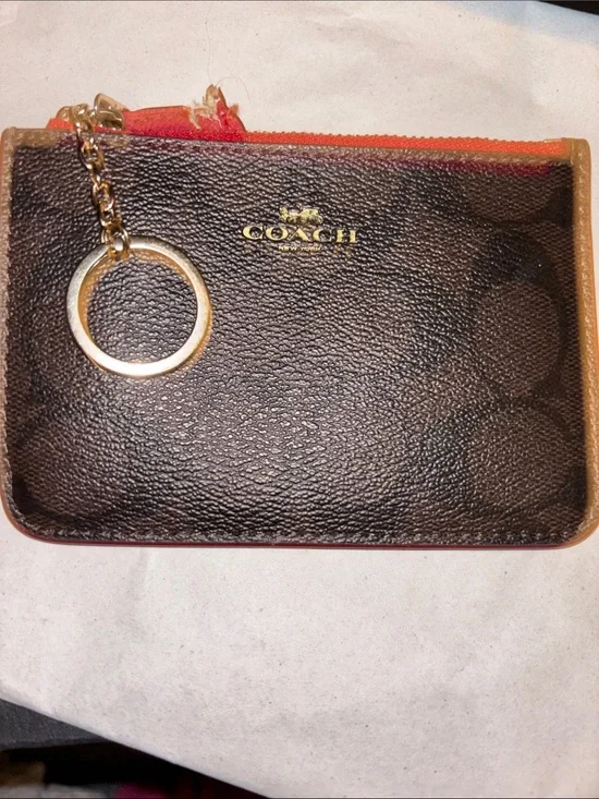 Coach Brown Signature Card Case with Red Zip and Gold Key Ring