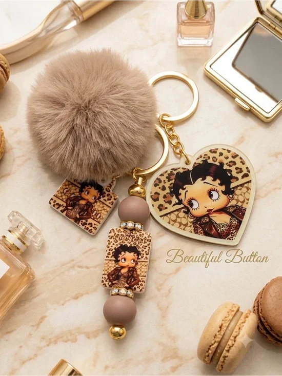 Custom made keychain  Betty Beige Leopard Heart Pom Key Charm