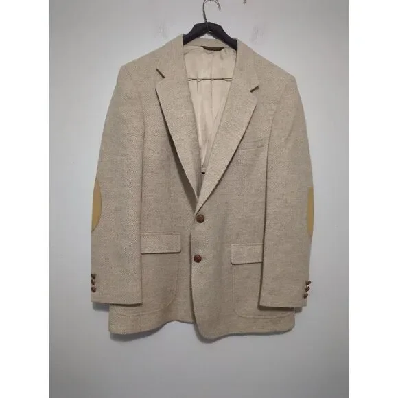 Adams Row Mens 100% Wool Herringbone Blazer Beige‎ Tan Elbow Patches Sport Coat