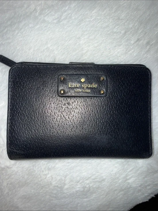 kate spade Black Pebbled Leather Zip-Around Wallet with Gold Logo
