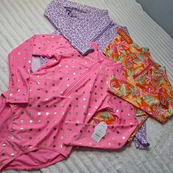 3 PC LOT One Pc Long Sleeve Rashguard Swimsuits‎ Girls L (10-12) Multi UPF 50+