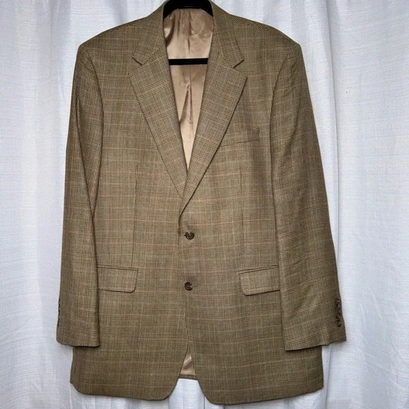 Lauren Ralph Lauren Mens 44L Silk Wool Glen Plaid Blazer Sport Coat Brown Tan