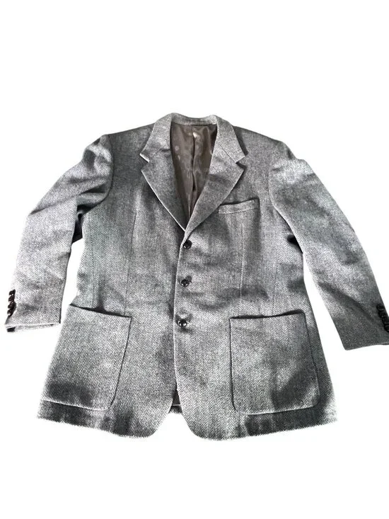 Holland & Sherry Mens Wool Herringbone Blazer In Gray With Satin Lining Size XL