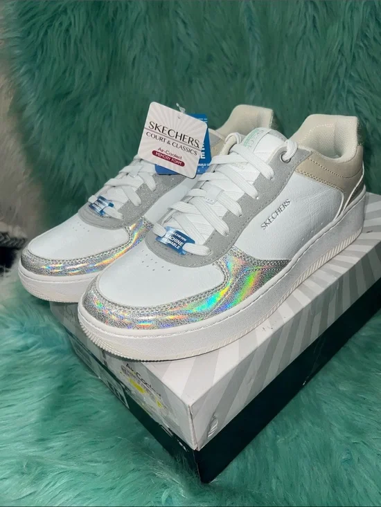 NIB Skechers White Sneakers with Iridescent Holographic Accent W/11