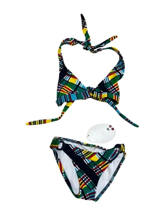 SHOSHANNA KIDS PLAID RING HALTER BIKINI Baby Girl Tropical Plaid Swim set.
