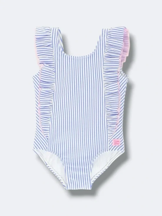 RuffleButts Waterfall Swimsuit Girls Seersucker Blue Stripe Ruffle Bow UPF50