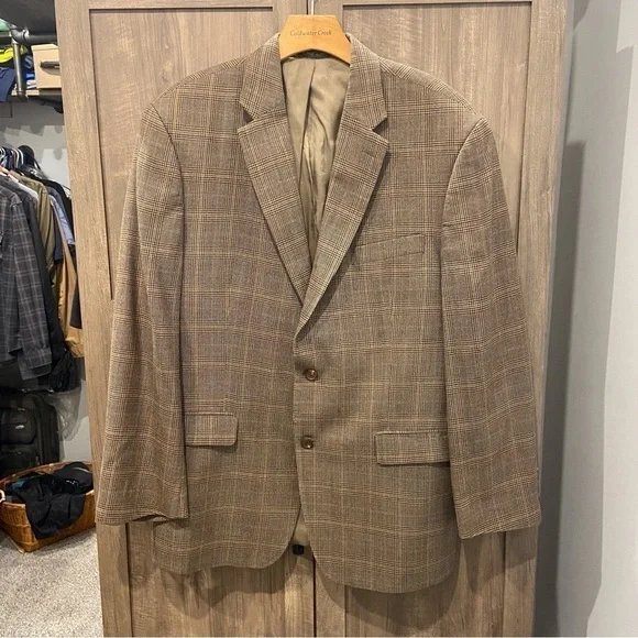 Lauren Ralph Lauren 44R Blazer Wool Silk Brown Glen Plaid Jacket