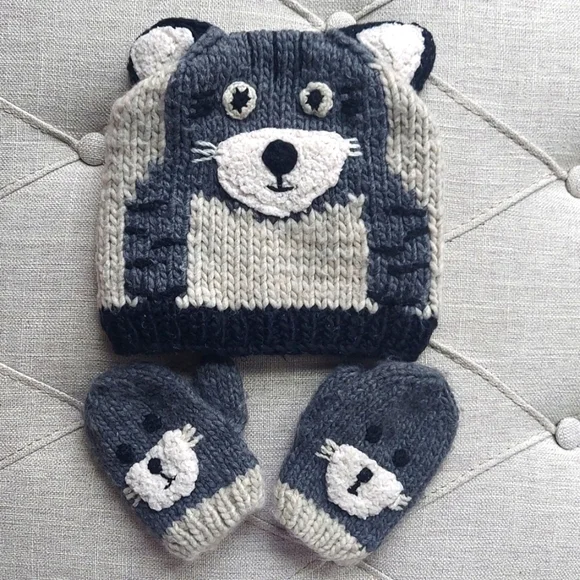 Toddler Bear ears Beanie Hat and Mitten Set - cream gray - size 3-6