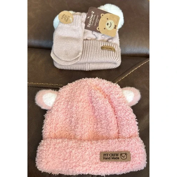 Bearpaw‎ 6-12 Month Light Brown Knit Hat W Mittens NWT & Pink Hat 12-24mo.