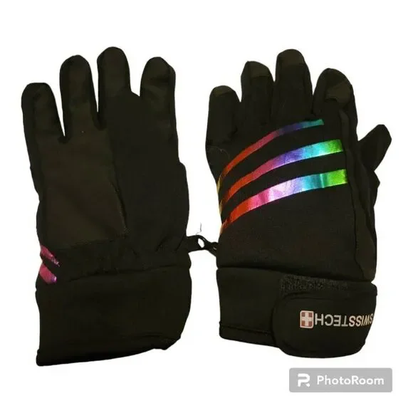 Swiss Tech Youth Water Resistant Black Ski Glove with Rainbow Foil Stripes, Rein