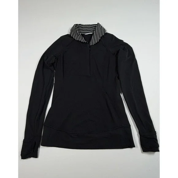 Lululemon Womens Think Fast Pullover Black White Parallel Stripe 1/2 Zip Size 6