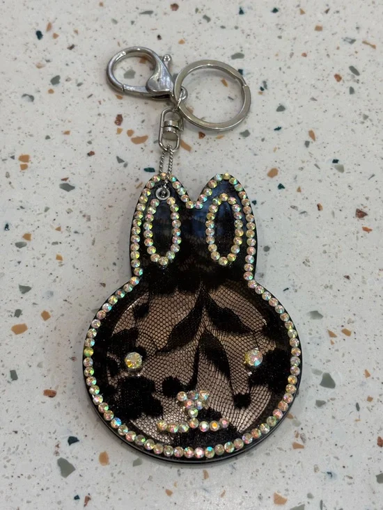 Y2K Rhinestone Bunny Rabbit Compact Mirror Keychain Black‎ Lace Glam