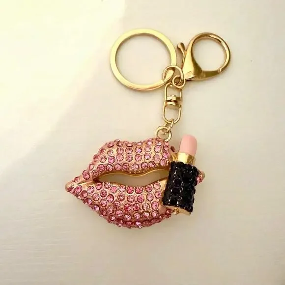 Pink Rhinestone Lips Lipstick Keychain Bag Charm Purse Charm