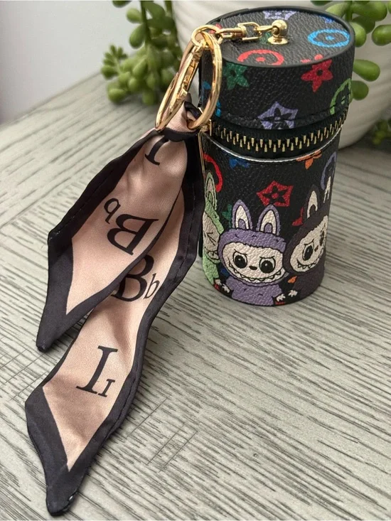 Novelty Print Cylinder Keychain Pouch with Scarf Charm NWOT