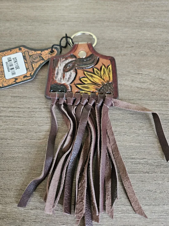 Western Linen-Handpainted Leather Tassel Keychain with Sunflower And Cow-NWT