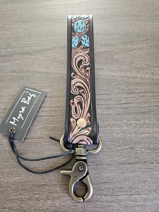Myra Bag Floral Tooled Leather Key Fob - Black & Turquoise-NWT