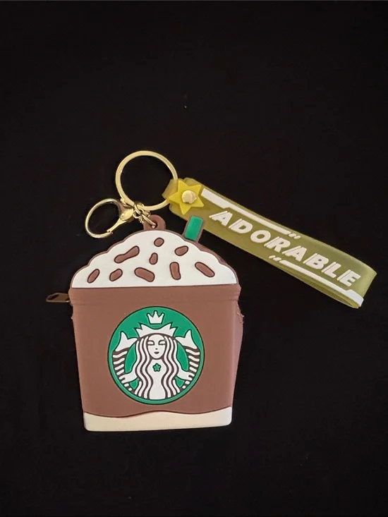 Cute coffee-themed Brown Silicone Pouch Keychain Bag Charm with 'Adorable' Strap