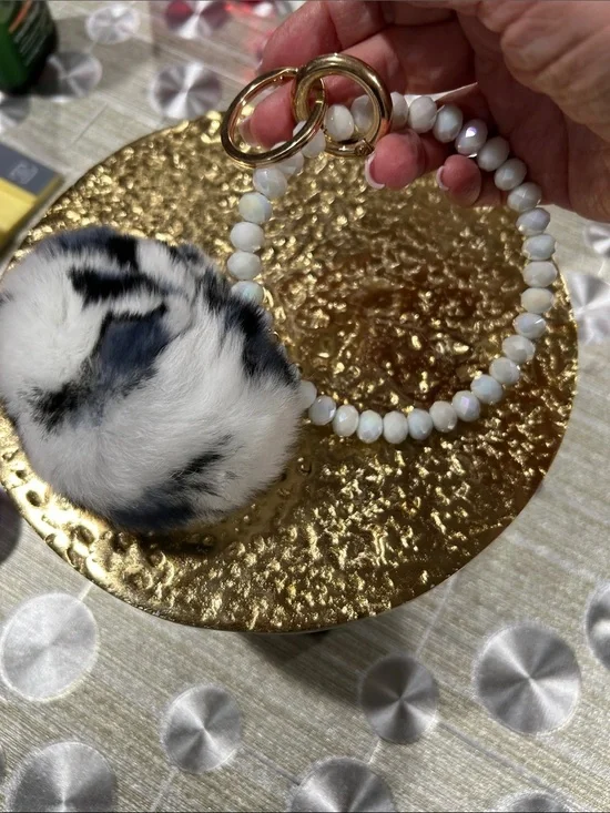 Faux Fur Pom Pom Keychain with Beaded Bracelet