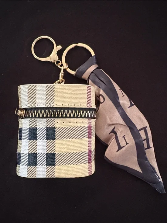 Plaid Fashion Keychain Bag Charm AirPod Holder with Scarf Accent - Beige/Black