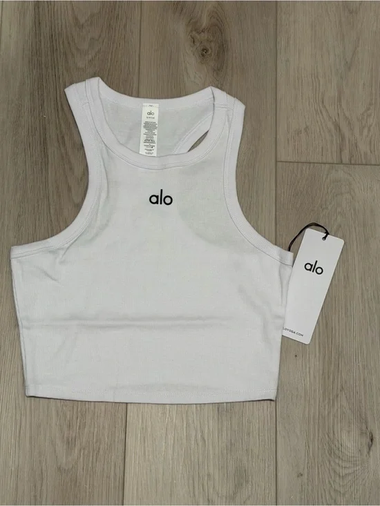ALO Yoga White Ribbed Crop Tank with Black Logo