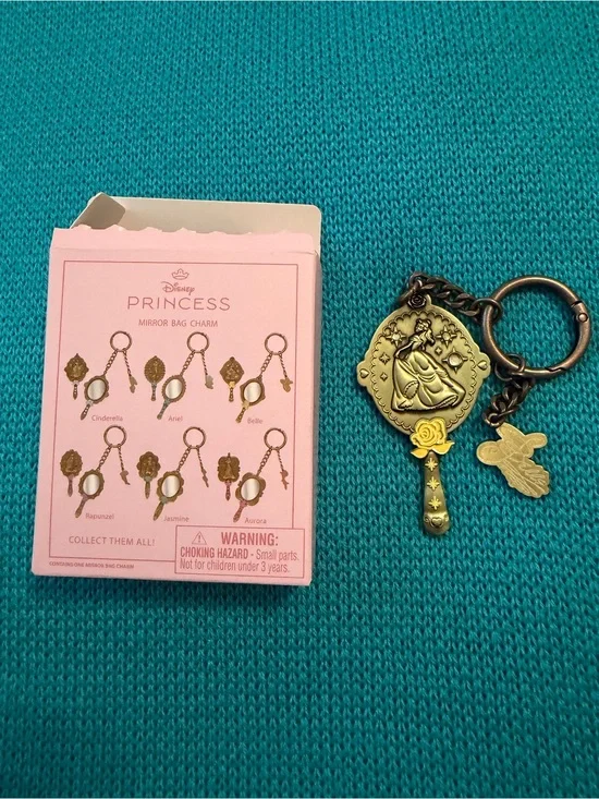 Disney Belle Gold-Tone Mirror Keychain Bag Charm with Yellow Rose Accent