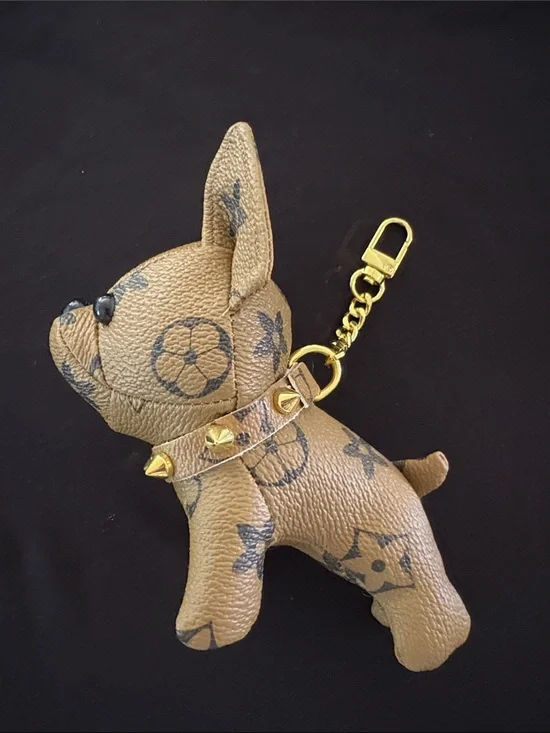 Tan Fashion Bulldog Keychain Bag Charm with Gold Hardware and Monogram Pattern