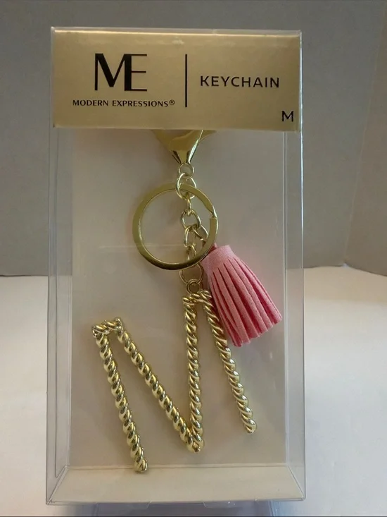 Modern Expressions Gold Twisted 'M’Keychain with Pink Tassel
