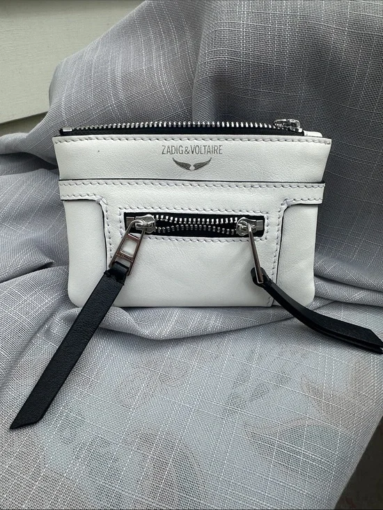 Zadig & Voltaire White Leather Mini Zip Card Case with Black Trim