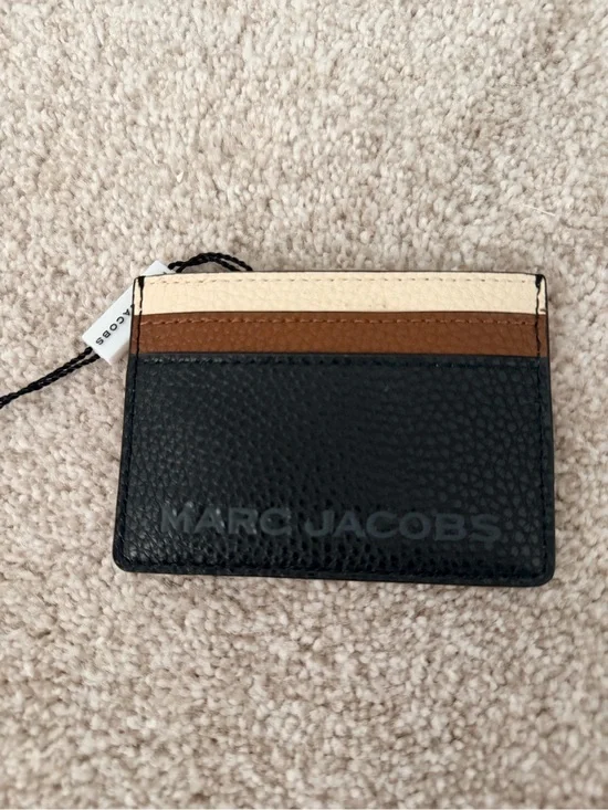 Marc Jacobs Black Leather Card Holder with Brown and Cream Stripes NWT