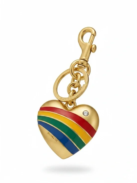 Coach Gold Rainbow Enamel Heart Charm Keyring Bag charm NWT