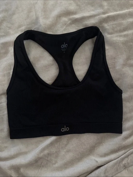 ALO Yoga Black Ribbed Racerback Sports Bra