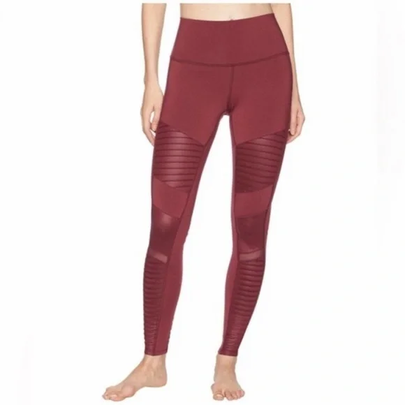 ALO Yoga Moto Legging High Rise Burgundy Pleated Mesh Full Length
