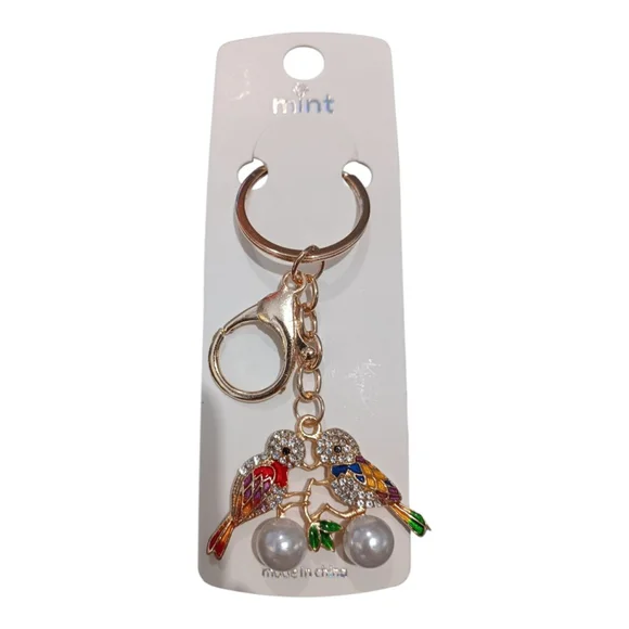 Two Love Birds Sitting in a Tree K-I-S-S-I-N-G! Rhinestone Keychain Purse Charm