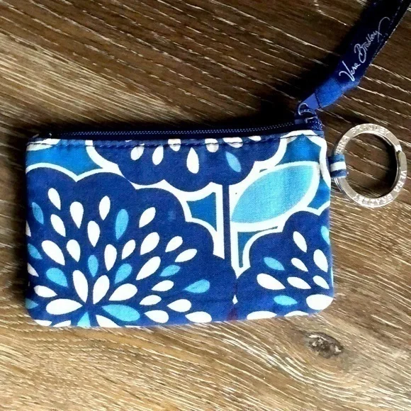 Vera Bradley  blue and white floral zip ID case keychain card holder