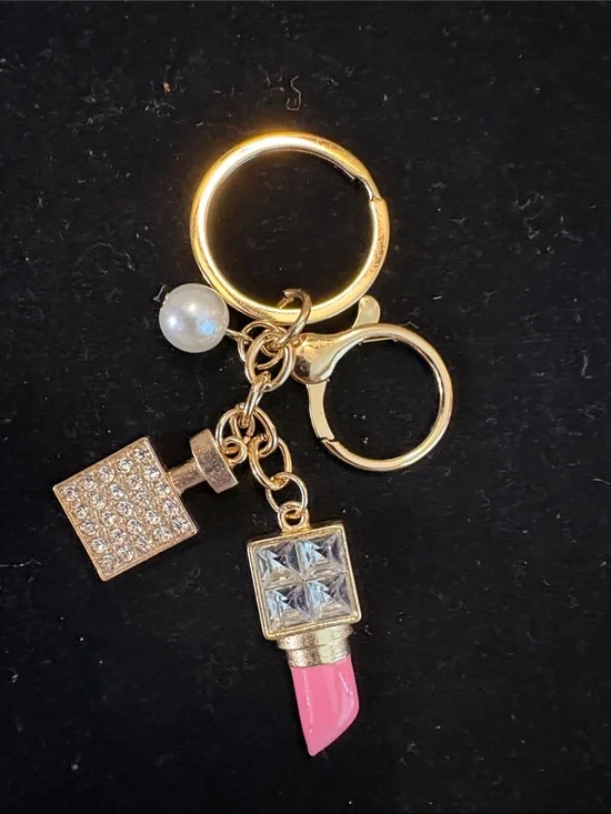 Gold Pink Lipstick Charm Keychain with Crystal Accents