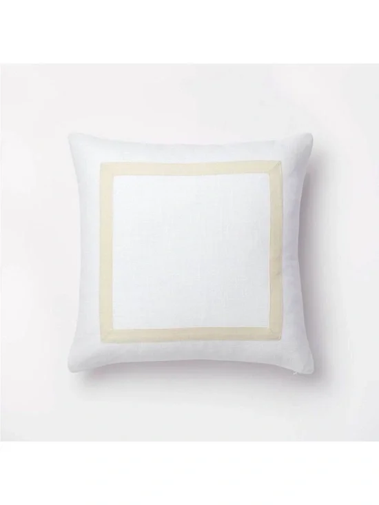 NWOT! Threshold with Studio McGee Slub Border Applique Pillow, White/Camel, 24”