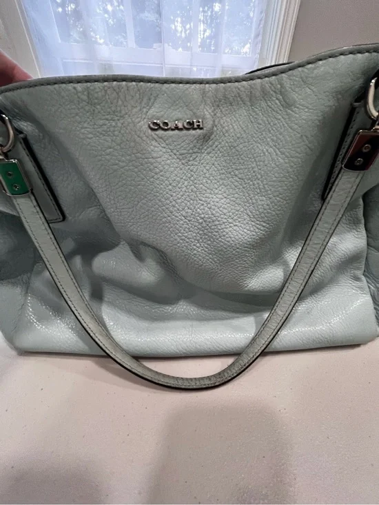 Coach Pebbled Leather Light Blue Triple Compartment Tote Shoulder Bag