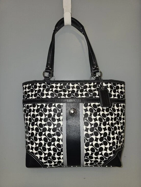 COACH F15137 Chelsea Black & White Signature Logo Heritage Medium Tote Bag ***