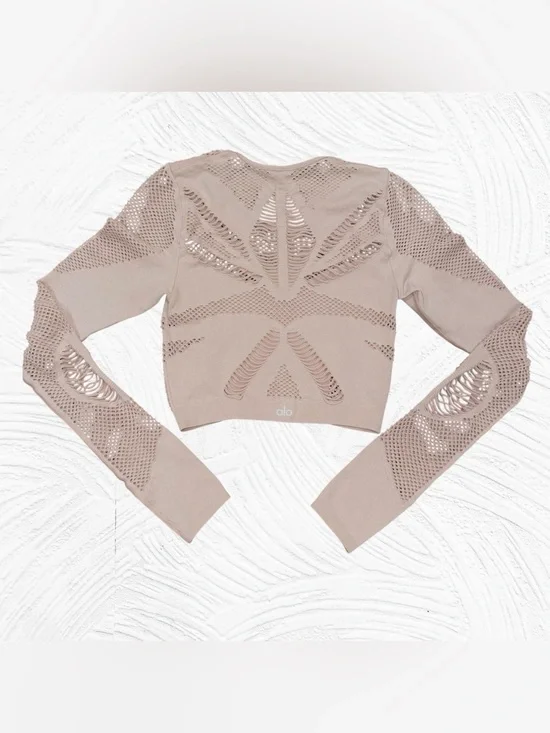 Alo Yoga Siren Long Sleeve Crop Top Dusty Pink Medium Laser cut mesh
