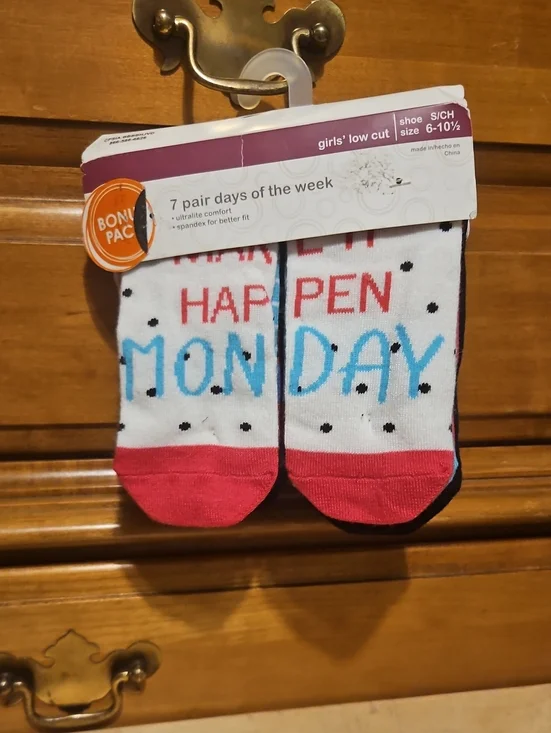 Girls' Low Cut Socks - White with Pink and Blue 'HAPPEN MONDAY' Design Size 6-10