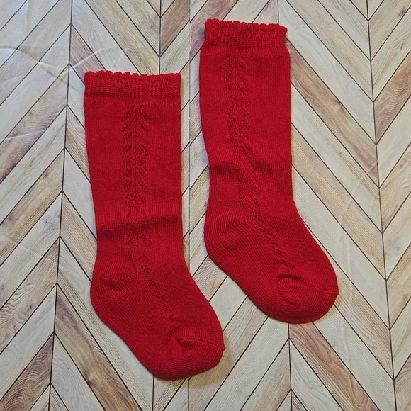 Baby Girl Red Knit Knee High Socks Vintage Style Christmas Holiday Accessory