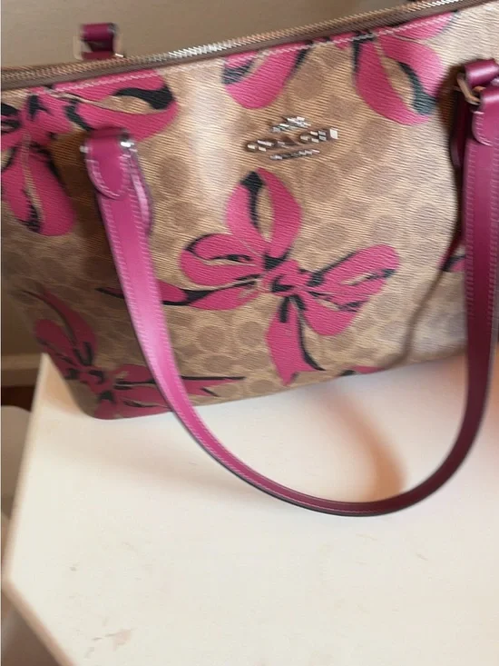 Coach Tan Signature Tote with Pink Floral Print