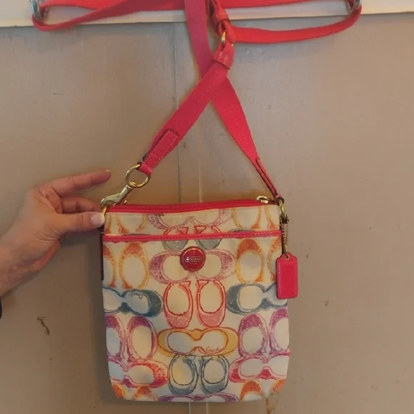 Coach Multicolor Signature Crossbody with Pink Strap