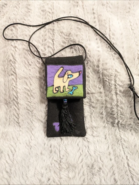 Handmade Black Phone Case Pouch with Purple & Green Dog Design