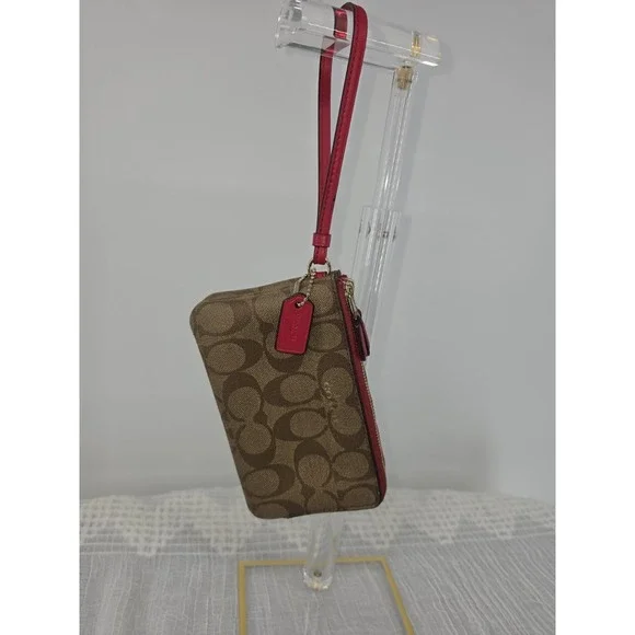 COACH Signature Leather Canvas Double Zip Wristlet F66506 Khaki/Bright Pink