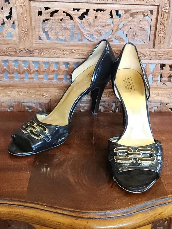 Coach Belinda Black Leather Heels with Gold Accents