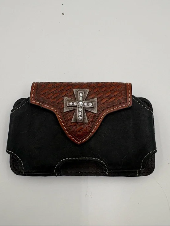 Nocona Leather Cell Phone Belt Holster Cross Rhinestone Tooled Western Black